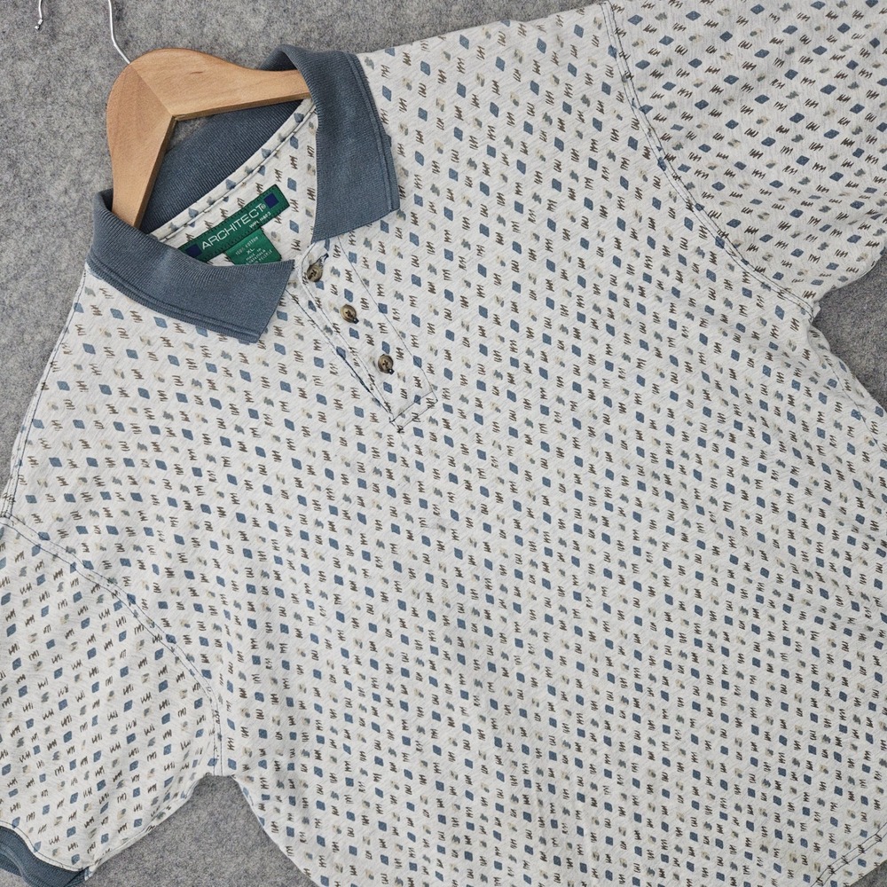 Architect Polo Shirt Men's XL Gray Blue Geometric Diamond Print Cotton Vintage